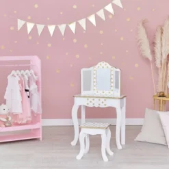 Fashion Polka Dot Gisele Play Vanity Set With Led Mirror White/Gold - Teamson Kids -Kids Furniture Shop GUEST 5126d27d 9eae 4c46 b917 63a03d288f13