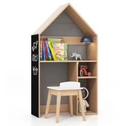 Costway Kids House-Shaped Table & Chair Set Wooden Toy Organizer Cabinet With Blackboard Grey/White -Kids Furniture Shop GUEST 8904a9cc 86f8 4d13 9bbe 86b48c84549d