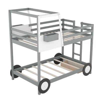 Twin Over Twin Car-Shaped Bunk Bed With Wheels, Drawers And Shelves, Gray - ModernLuxe 6 Twin Over Twin Car-Shaped Bunk Bed With Wheels, Drawers And Shelves, Gray - ModernLuxe - Image 6